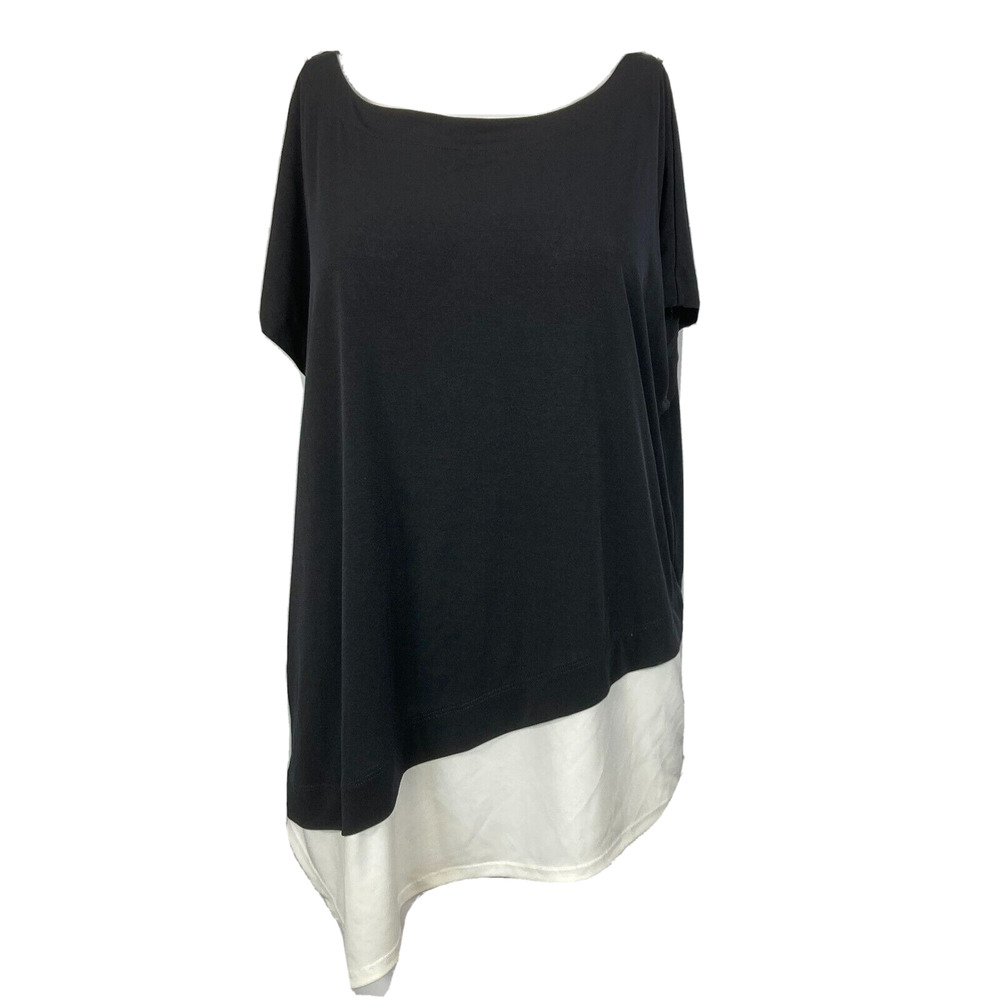 Chicos Shirt Womens Sz 1‎ US M 8 Black White Tunic Top Asymmetrical Short Sleeve